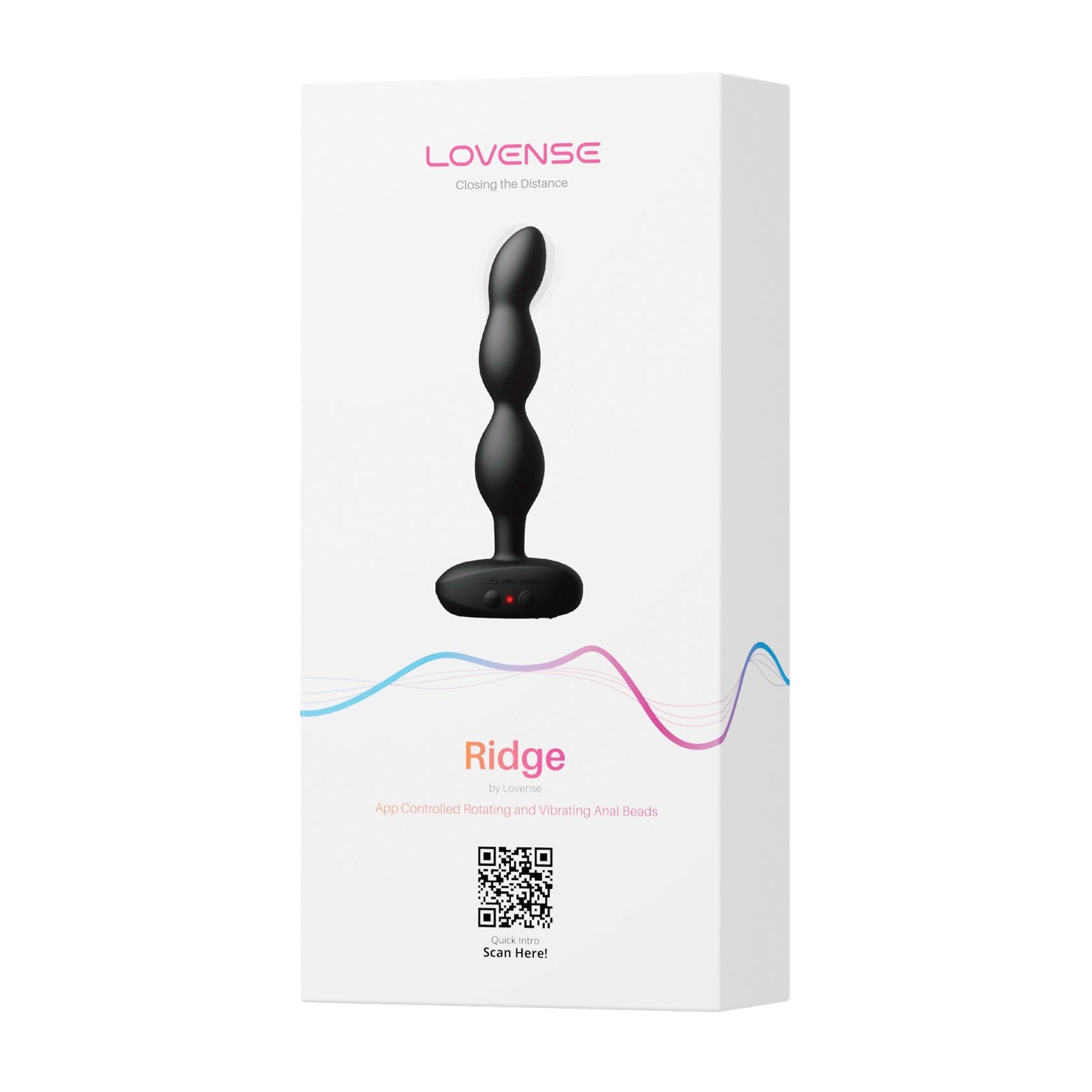 Box of Lovense Ridge Bumpy Anal Plug, featuring app-controlled rotating and vibrating capabilities. The package is sleek white with the product image, a colorful wave design, and a QR code at the bottom.