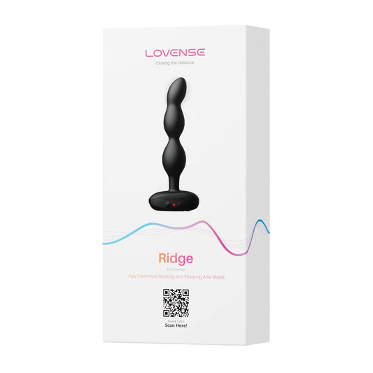 Box of Lovense Ridge Bumpy Anal Plug, featuring app-controlled rotating and vibrating capabilities. The package is sleek white with the product image, a colorful wave design, and a QR code at the bottom.