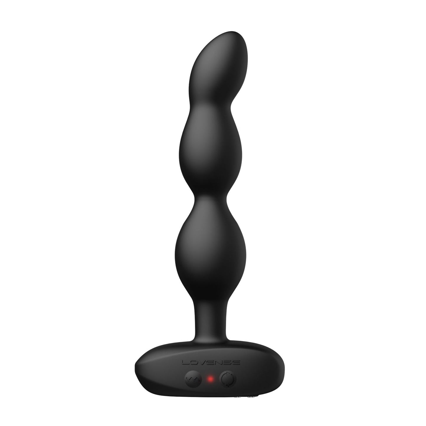 The Lovense Ridge Bumpy Anal Plug by Lovense is a black, app-controlled vibrating adult toy with three bulbs, a tapered tip, and control buttons on the base for personal use.