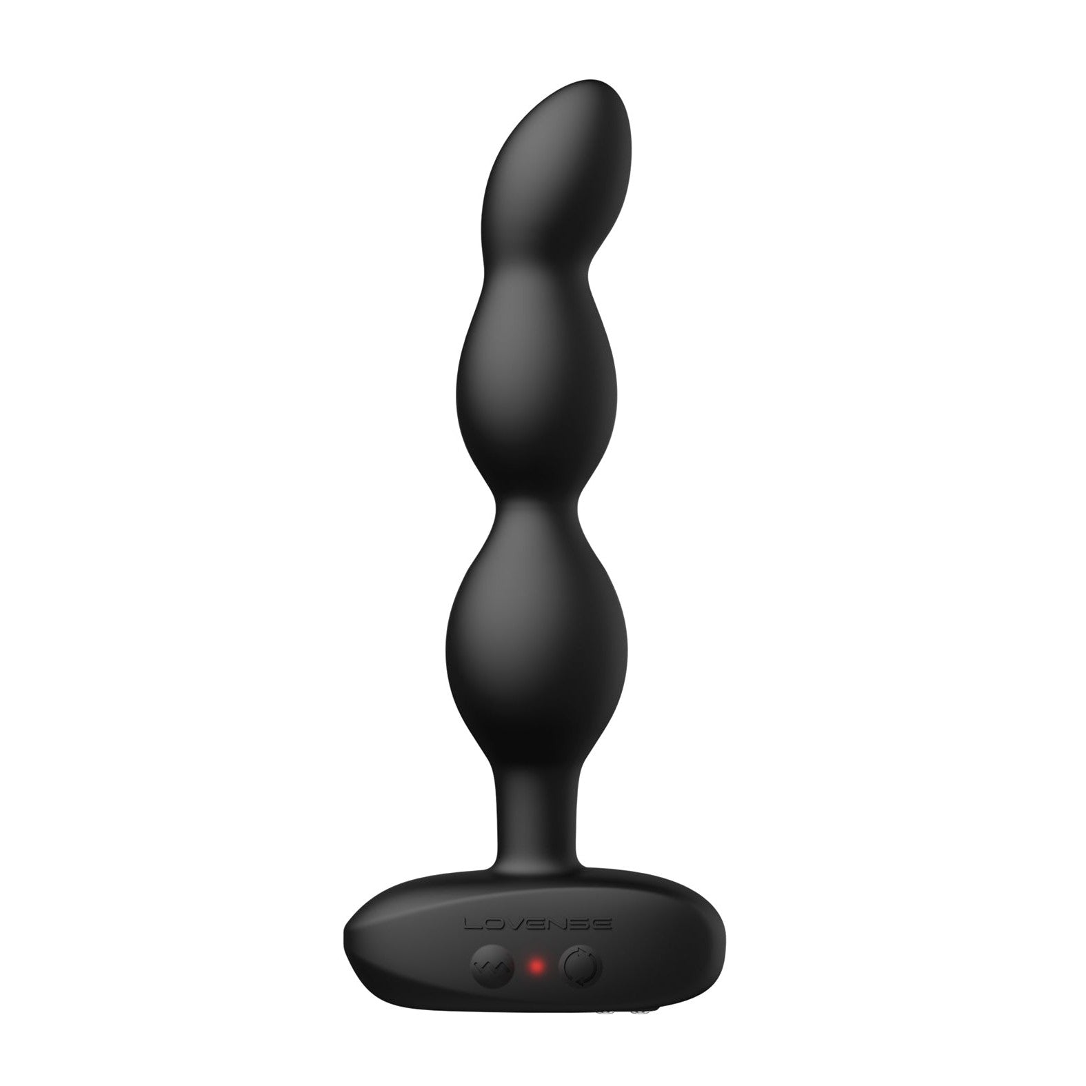The Lovense Ridge Bumpy Anal Plug by Lovense is a black, app-controlled vibrating adult toy with three bulbs, a tapered tip, and control buttons on the base for personal use.