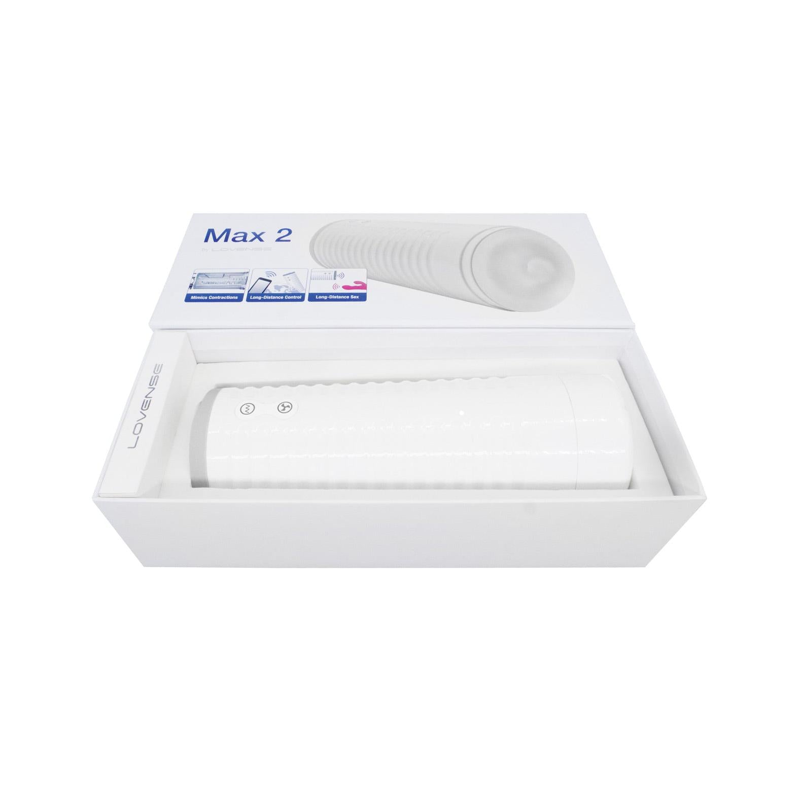 Lovense Max 2 Rechargeable Male Masturbator in sleek packaging, featuring innovative sensations and adjustable suction.