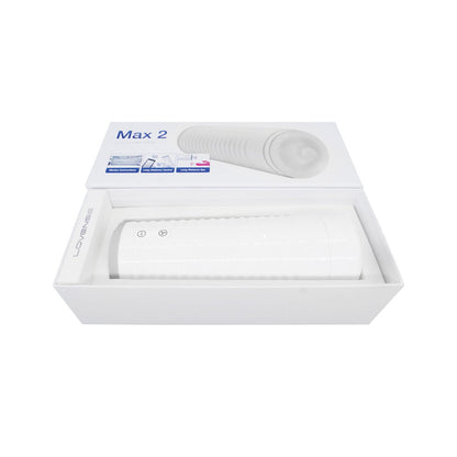 Lovense Max 2 Rechargeable Male Masturbator in sleek packaging, featuring innovative sensations and adjustable suction.