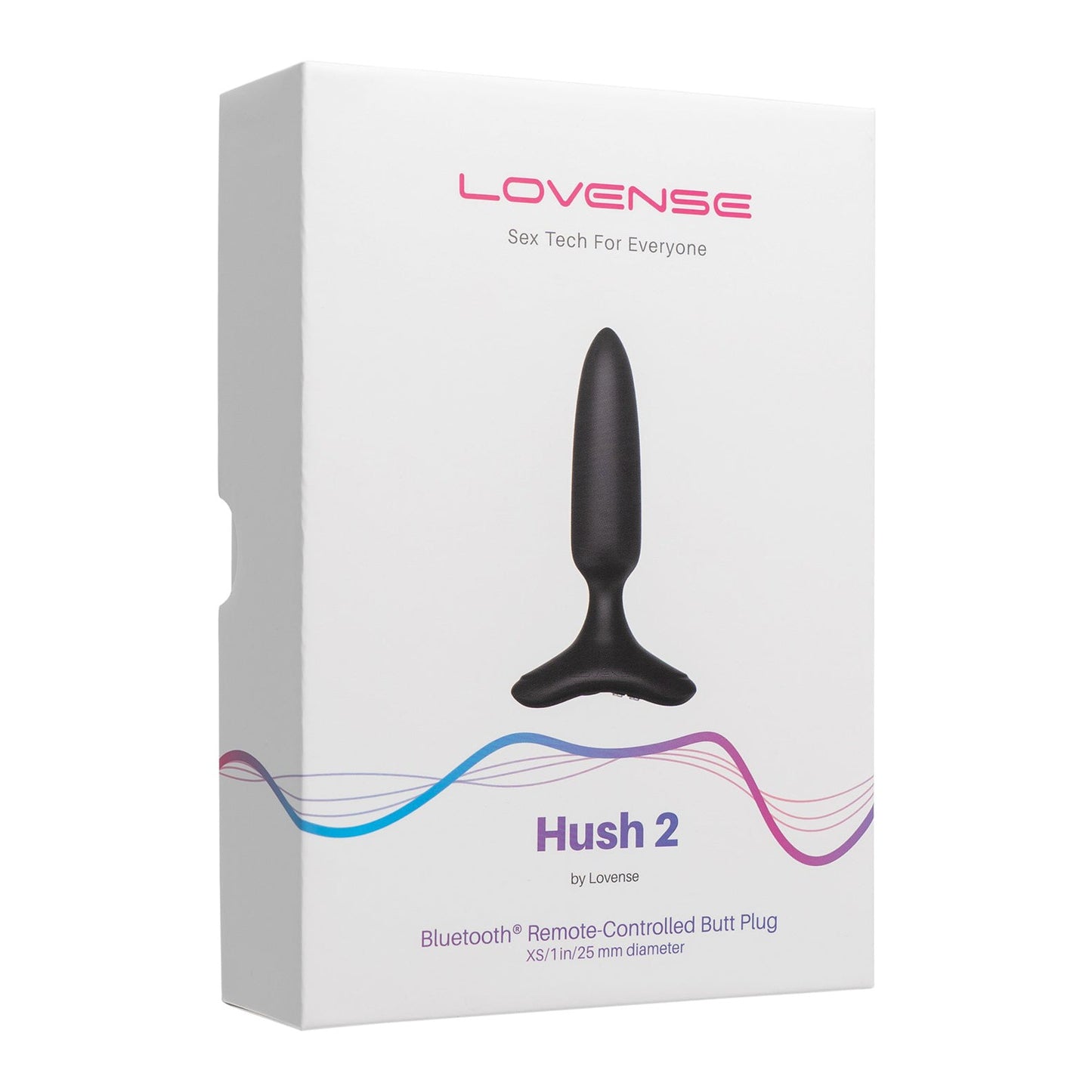 The Lovense Hush 2 Butt Plug, a Bluetooth remote-controlled device, arrives in a sleek black box adorned with Lovense and Sex Tech For Everyone. Made from 100% silicone, its your discreet partner in pleasure.