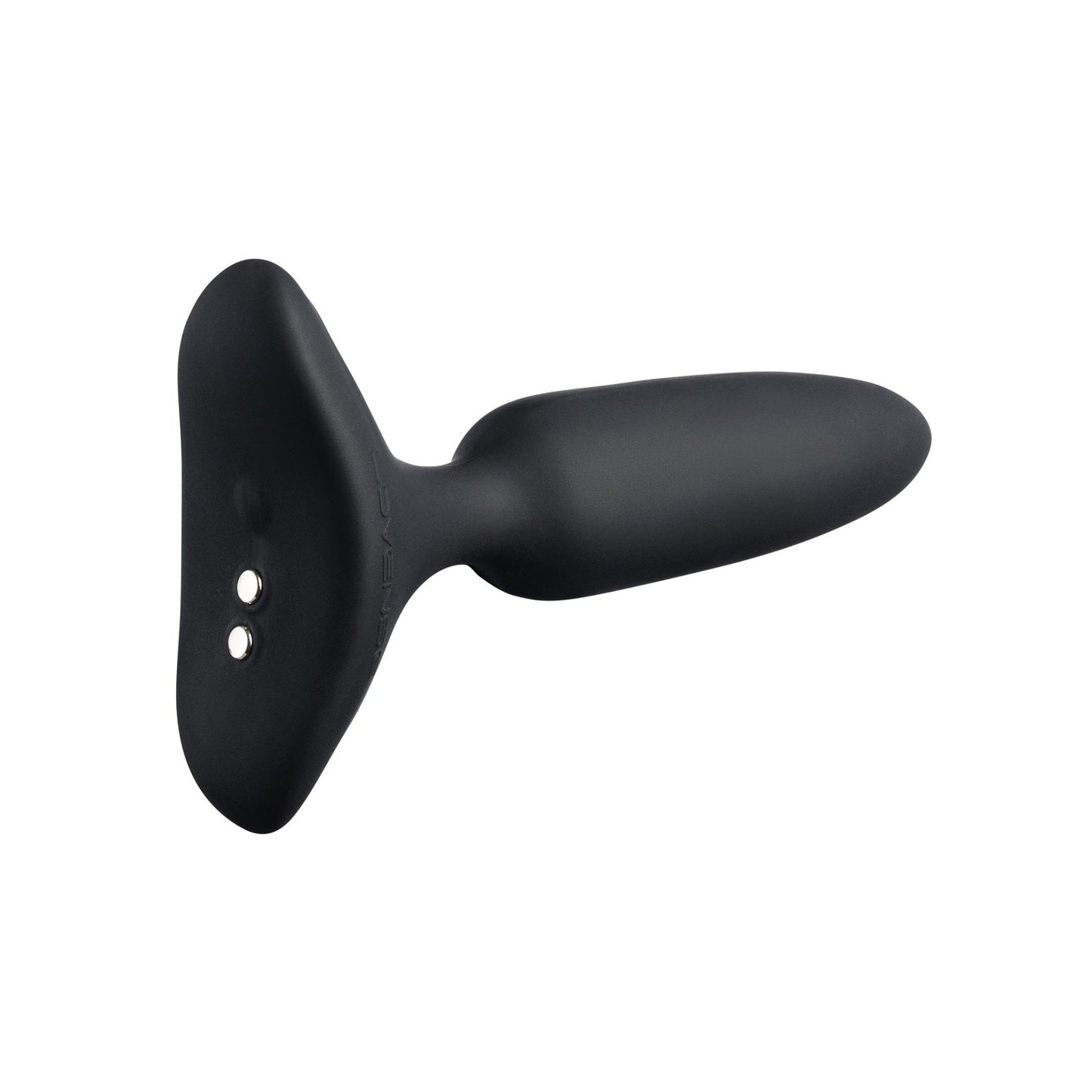 The Lovense Hush 2 Butt Plug, made from 100% silicone, features a black tapered design with two small buttons on the base. Its your discreet partner for silent pleasure.