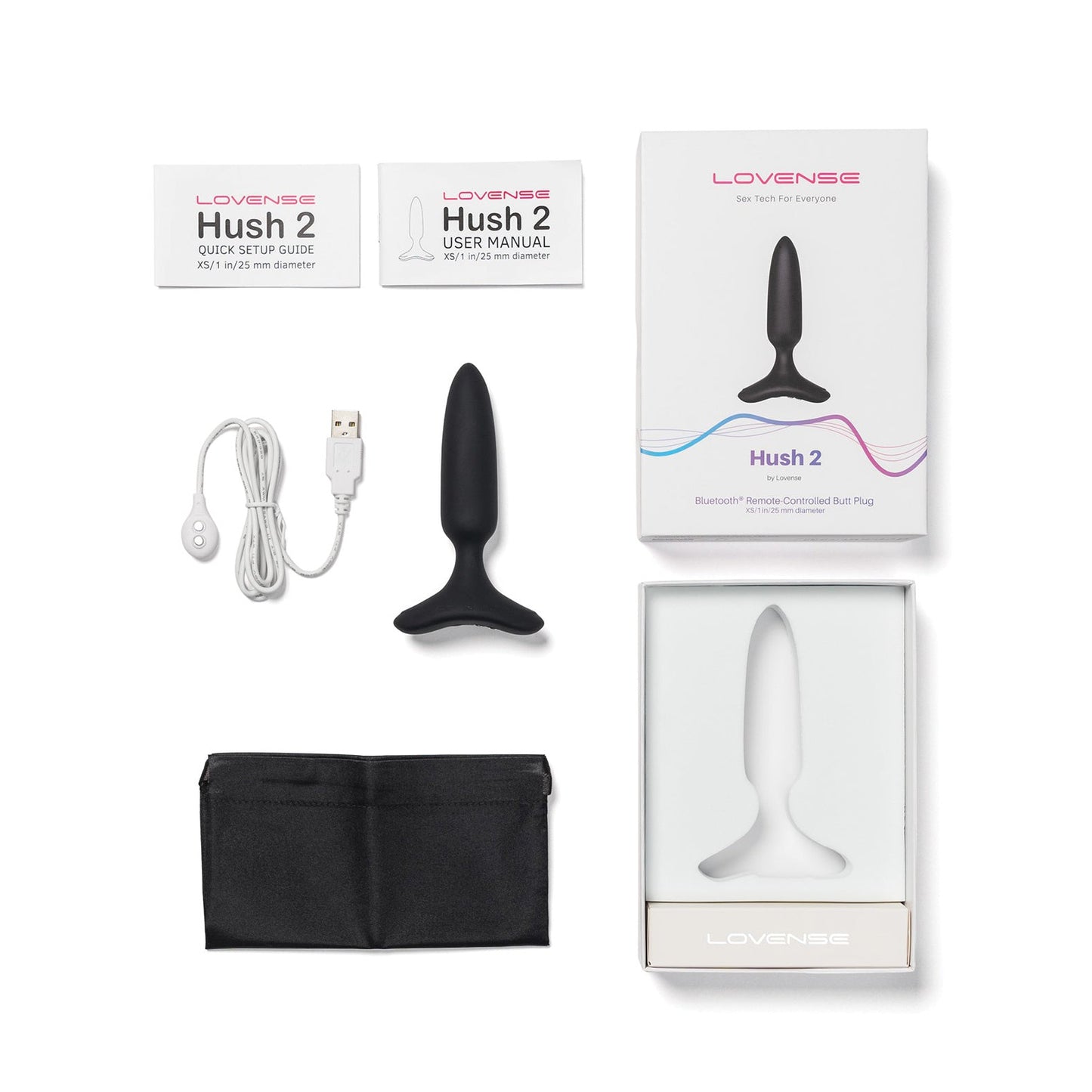 The image displays the Lovense Hush 2 Butt Plug package, which includes a Bluetooth remote-controlled vibrating plug made of 100% silicone. The box features a USB charging cable, quick setup guide, user manual, and black storage pouch neatly arranged around it.