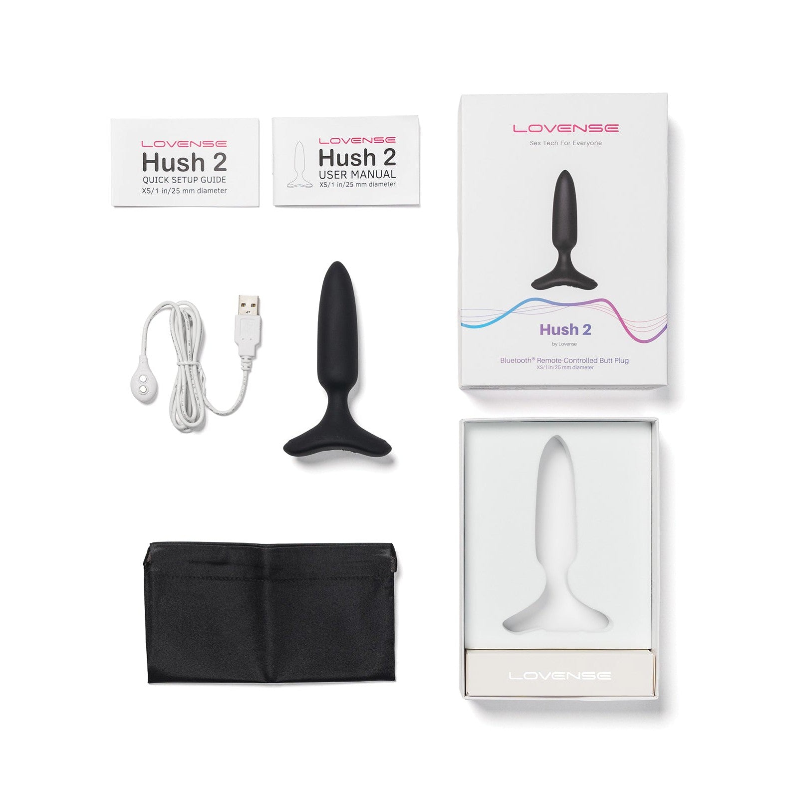 The image displays the Lovense Hush 2 Butt Plug package, which includes a Bluetooth remote-controlled vibrating plug made of 100% silicone. The box features a USB charging cable, quick setup guide, user manual, and black storage pouch neatly arranged around it.