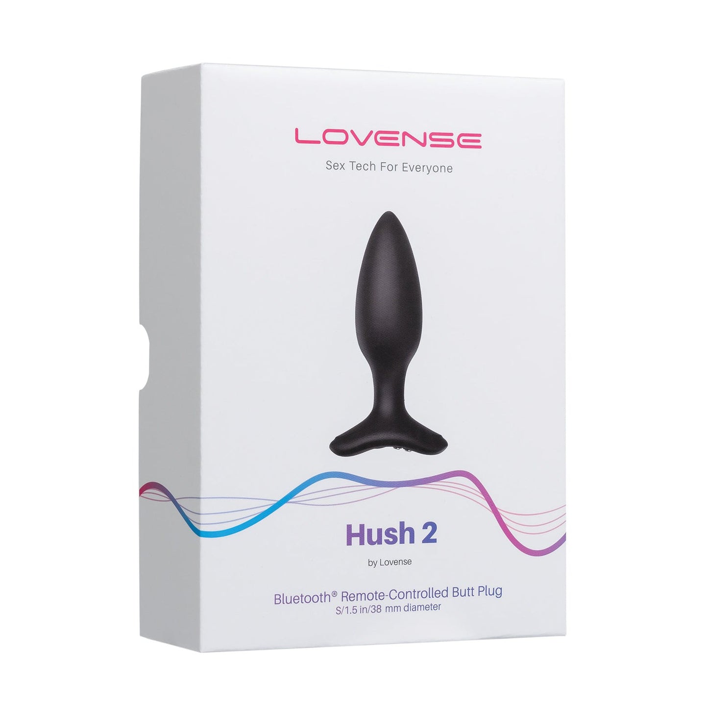 The Lovense Hush 2 Butt Plug features sleek, mainly white packaging with the product name and specs printed on it. A colorful wave design adds a modern tech appeal. Made from 100% silicone, its designed to be your silent companion.