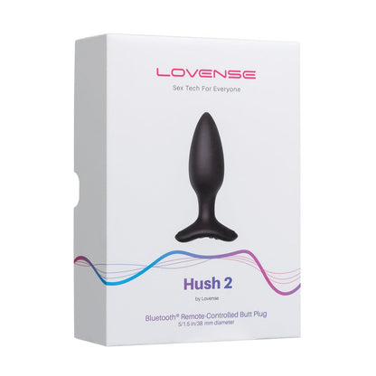 The Lovense Hush 2 Butt Plug features sleek, mainly white packaging with the product name and specs printed on it. A colorful wave design adds a modern tech appeal. Made from 100% silicone, its designed to be your silent companion.