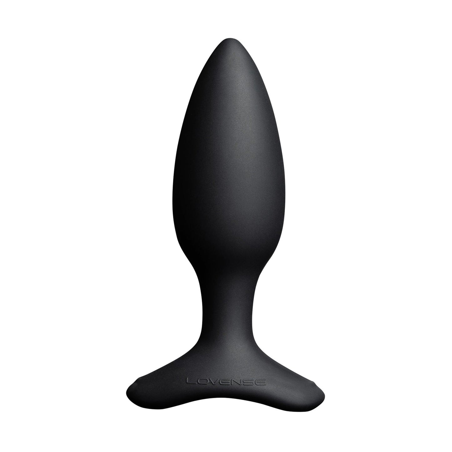 The Lovense Hush 2 Butt Plug, in a sleek black design with a tapered shape and wide base, is crafted from 100% silicone. The brand Lovense is elegantly engraved on this silent companion, ideal for personal use.