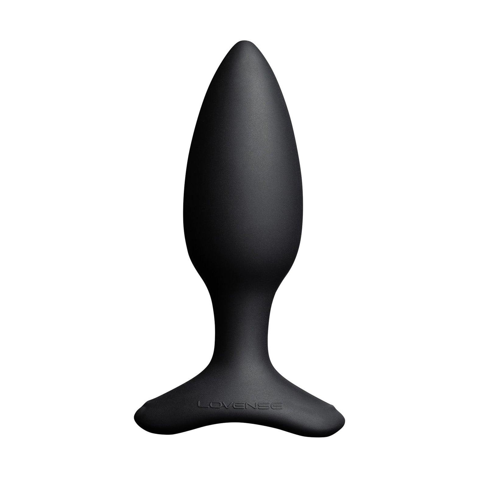 The Lovense Hush 2 Butt Plug, in a sleek black design with a tapered shape and wide base, is crafted from 100% silicone. The brand Lovense is elegantly engraved on this silent companion, ideal for personal use.