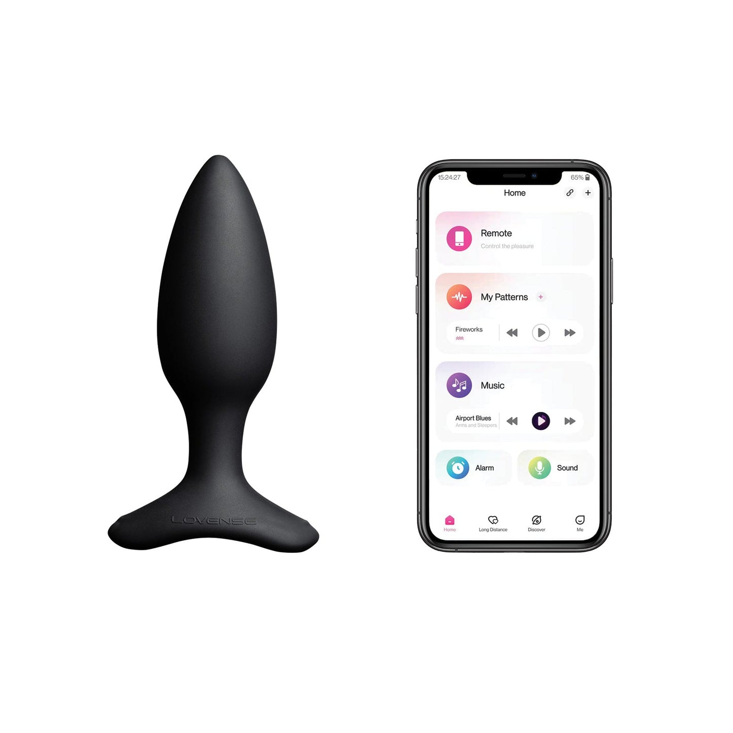 The Lovense Hush 2 Butt Plug, a black teardrop-shaped vibrator made of 100% silicone, sits beside a smartphone showcasing the Lovense app with options for remote control, patterns, and sound settings.