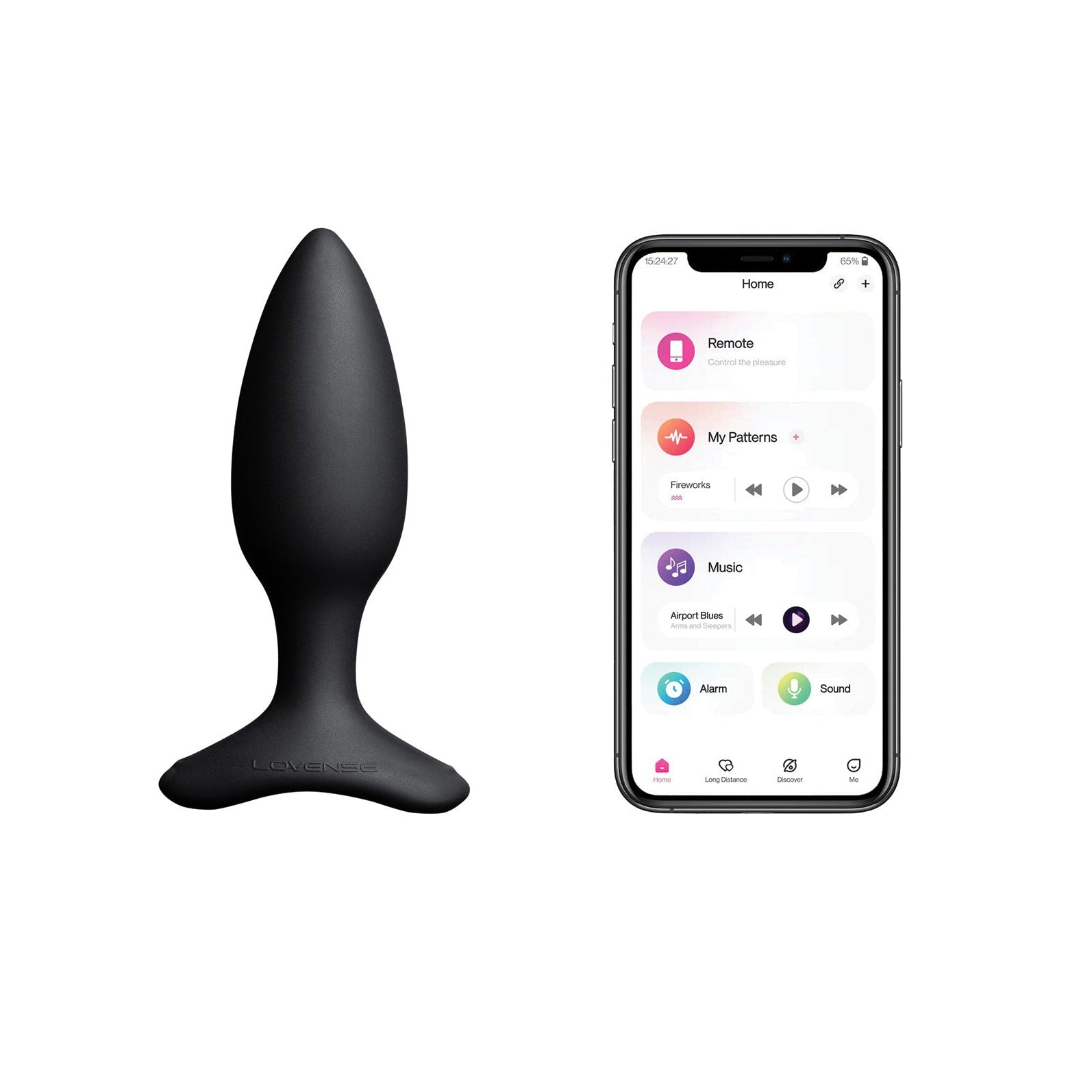 The Lovense Hush 2 Butt Plug, a black teardrop-shaped vibrator made of 100% silicone, sits beside a smartphone showcasing the Lovense app with options for remote control, patterns, and sound settings.