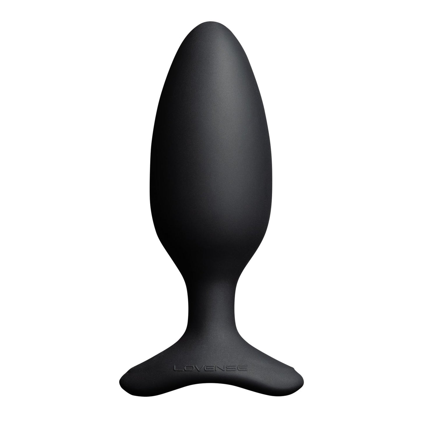 The Lovense Hush 2 Butt Plug is a sleek, black, oval-shaped vibrating toy with a wide, flat base. Crafted from 100% silicone, it has a smooth and solid appearance. The brand Lovense is elegantly engraved on the base, making it your silent partner in pleasure.