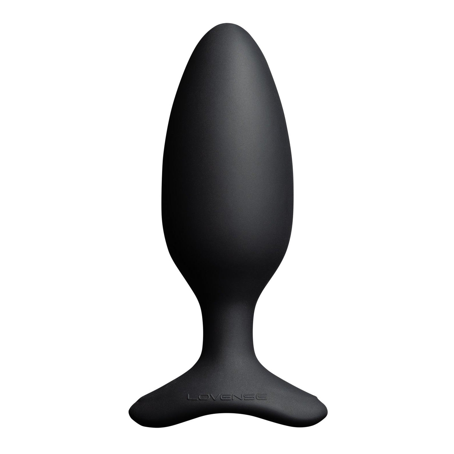 The Lovense Hush 2 Butt Plug is a sleek, black, oval-shaped vibrating toy with a wide, flat base. Crafted from 100% silicone, it has a smooth and solid appearance. The brand Lovense is elegantly engraved on the base, making it your silent partner in pleasure.