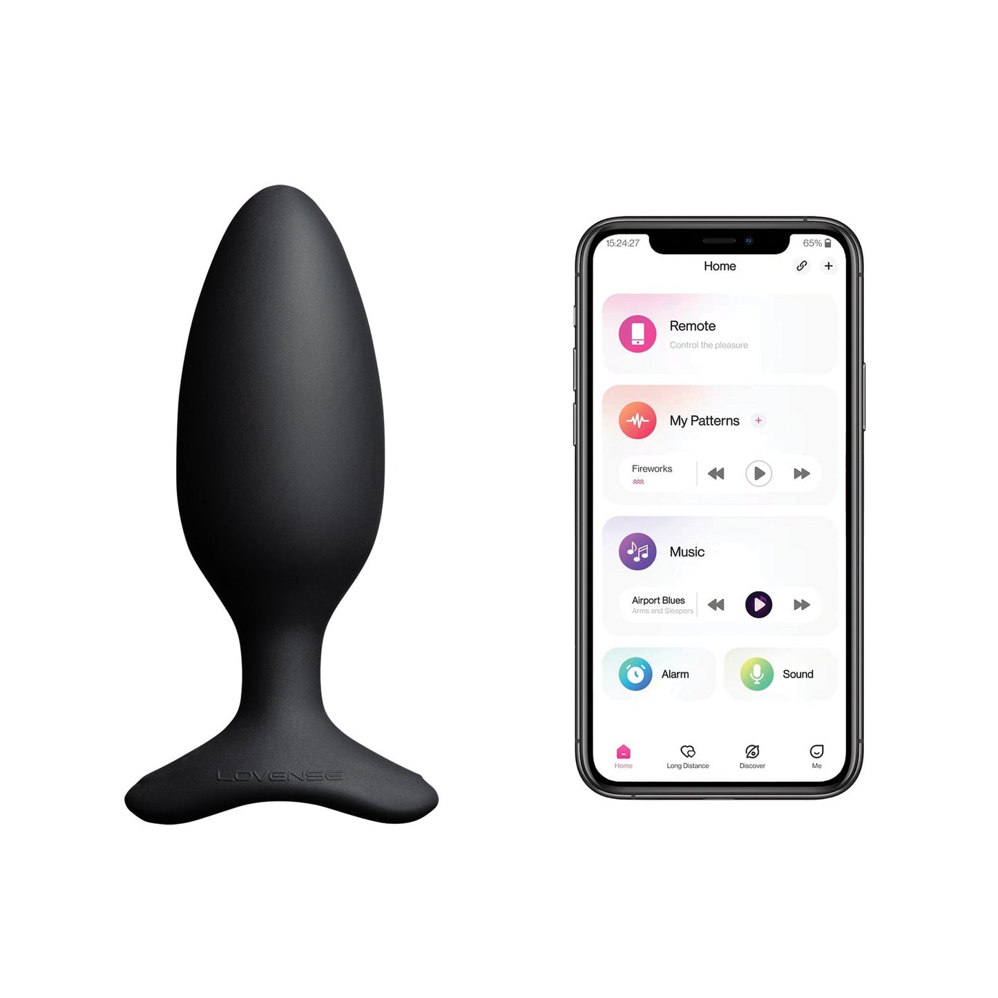 A black Lovense Hush 2 teardrop-shaped vibrating butt plug with a flared base is seen beside a smartphone screen showing its control app interface, offering remote, music, and alarm options. Made by Lovense from 100% silicone, its your discrete partner for enjoyment.