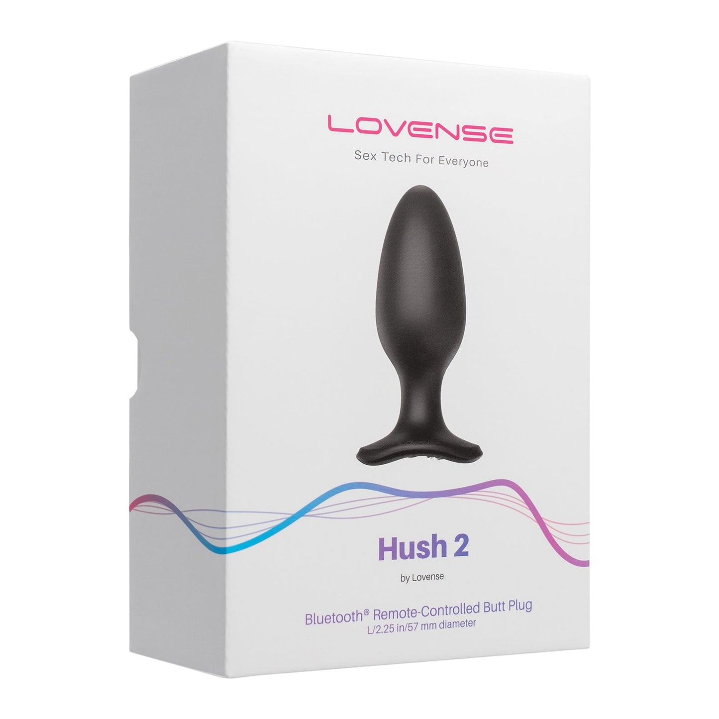 The Lovense Hush 2 Butt Plugs box highlights its vibrant image and text. Made from 100% silicone, this Bluetooth remote-controlled device by Lovense is your discreet, silent partner for enjoyment.