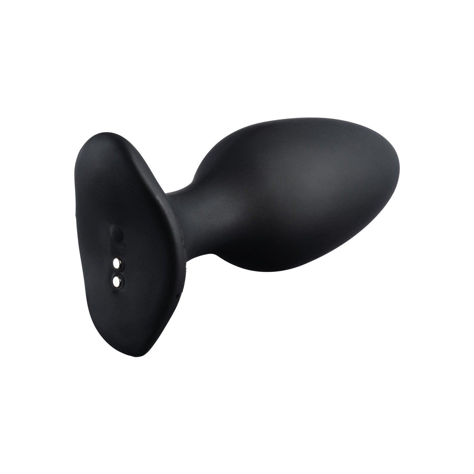 The Lovense Hush 2 Butt Plug by Lovense is a black, ergonomically designed vibrating plug crafted from 100% silicone. It operates silently and includes a flat base with two small metallic contacts for enhanced functionality.
