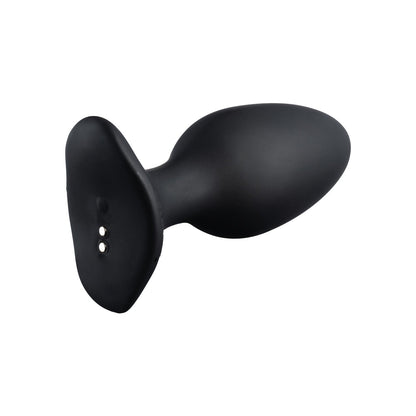The Lovense Hush 2 Butt Plug by Lovense is a black, ergonomically designed vibrating plug crafted from 100% silicone. It operates silently and includes a flat base with two small metallic contacts for enhanced functionality.
