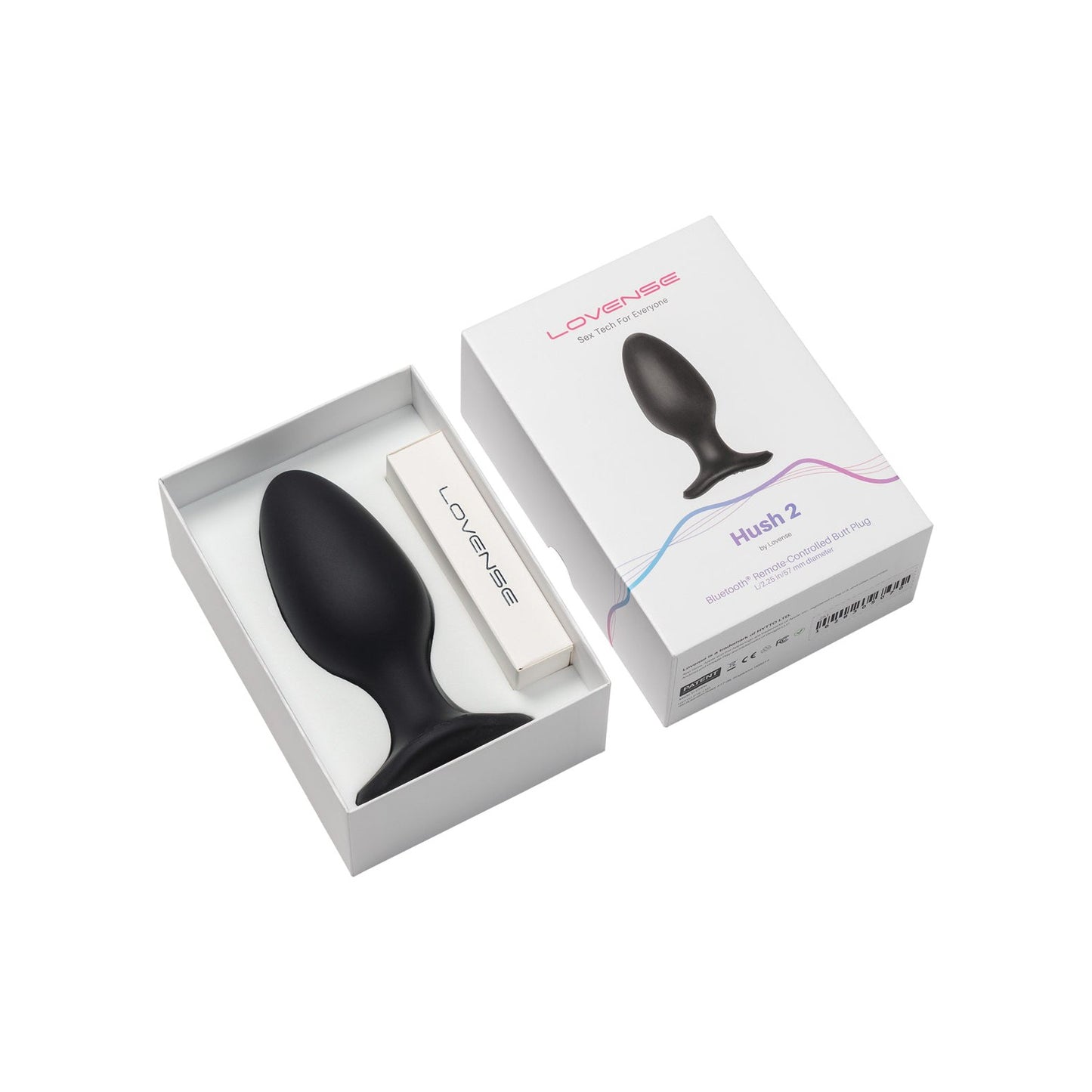 The image shows the Lovense Hush 2 Butt Plug in black, crafted from 100% silicone, partly tucked into its stylish packaging. The discreet white box features a prominent product image on the lid, highlighting its role as a quiet companion for intimate experiences.