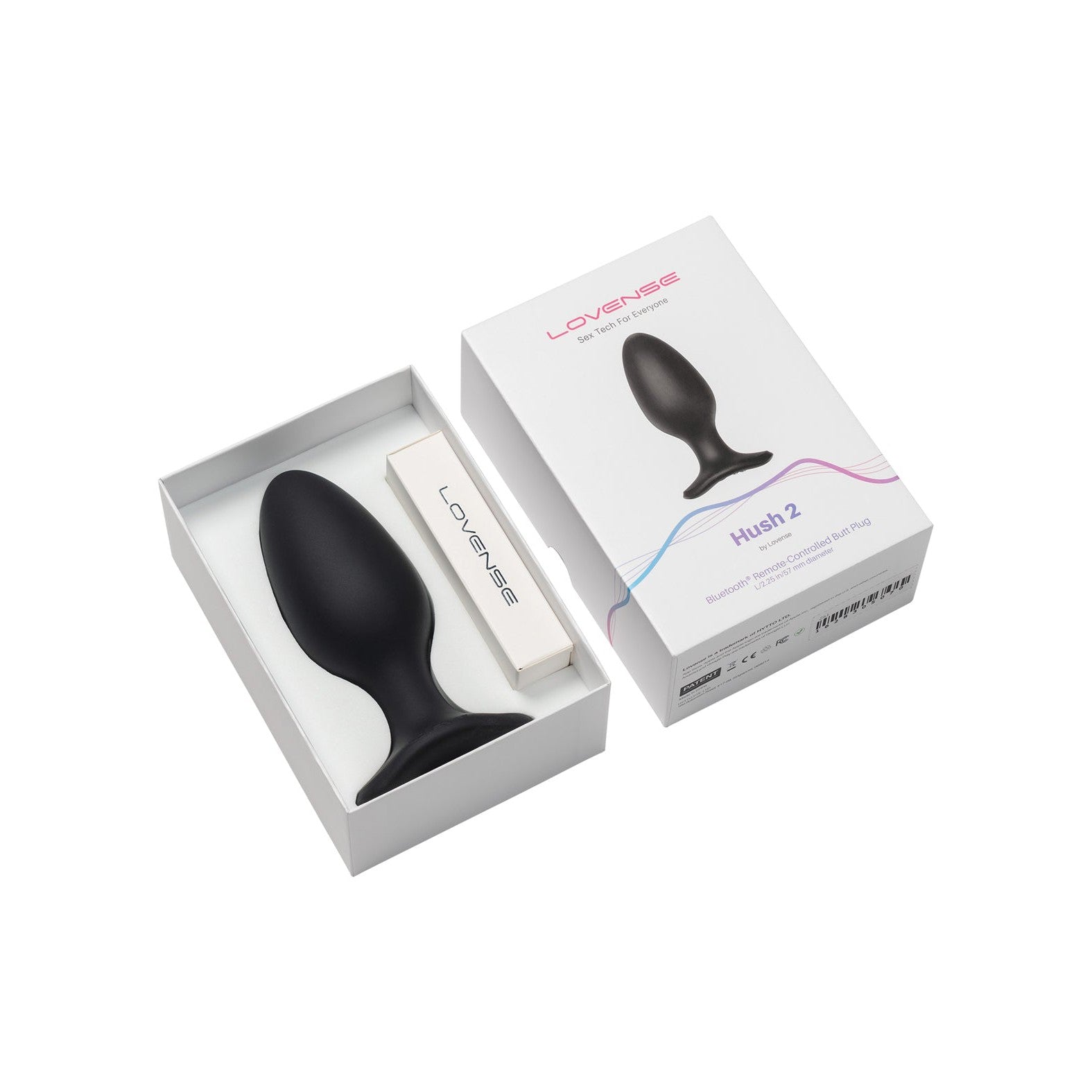 The image shows the Lovense Hush 2 Butt Plug in black, crafted from 100% silicone, partly tucked into its stylish packaging. The discreet white box features a prominent product image on the lid, highlighting its role as a quiet companion for intimate experiences.