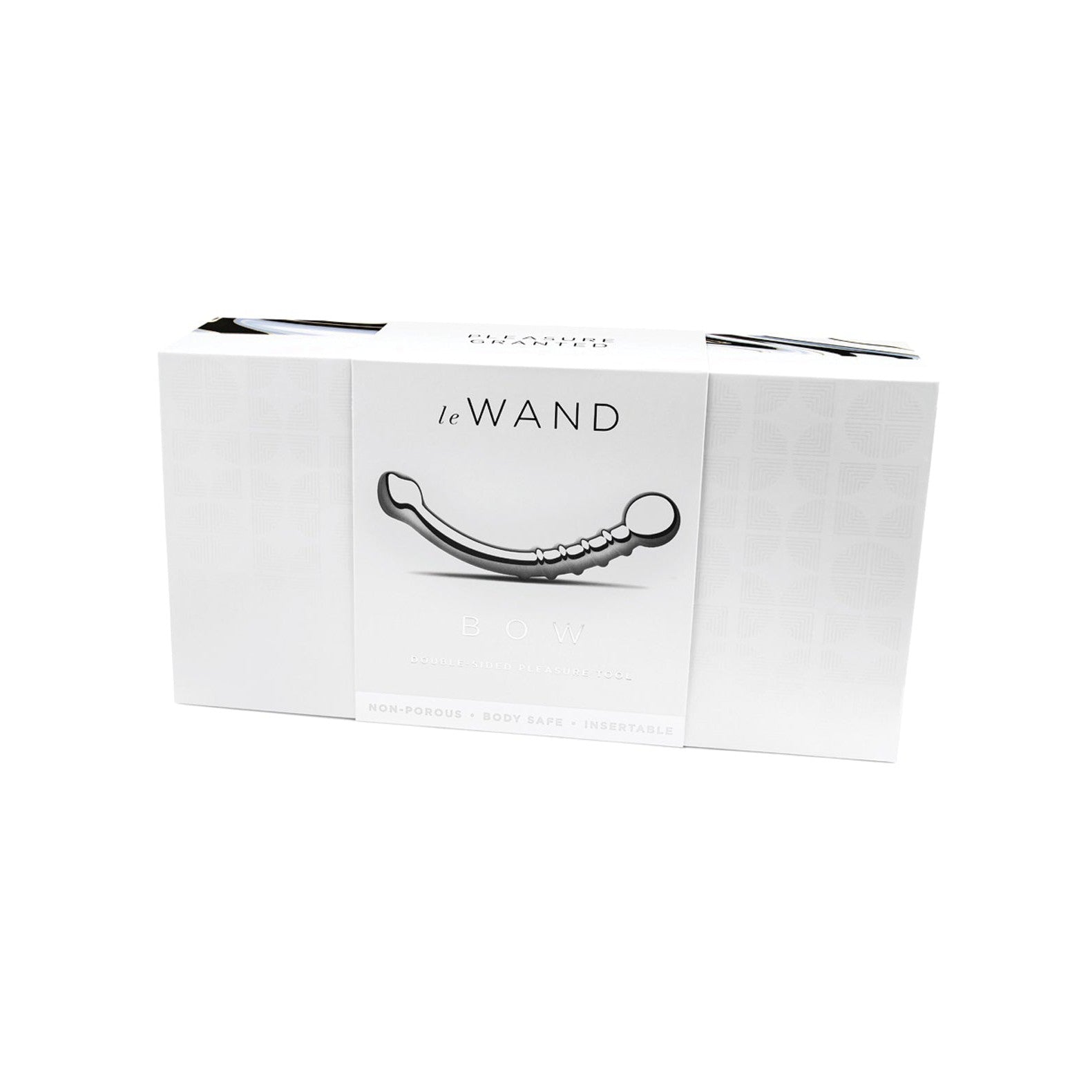 The Le Wand Stainless Steel Bows box features a mainly white design with a grayscale image of the elegantly curved wand. Text highlights its non-porous, body-safe, and dual-ended delight functionality, suitable for temperature play.