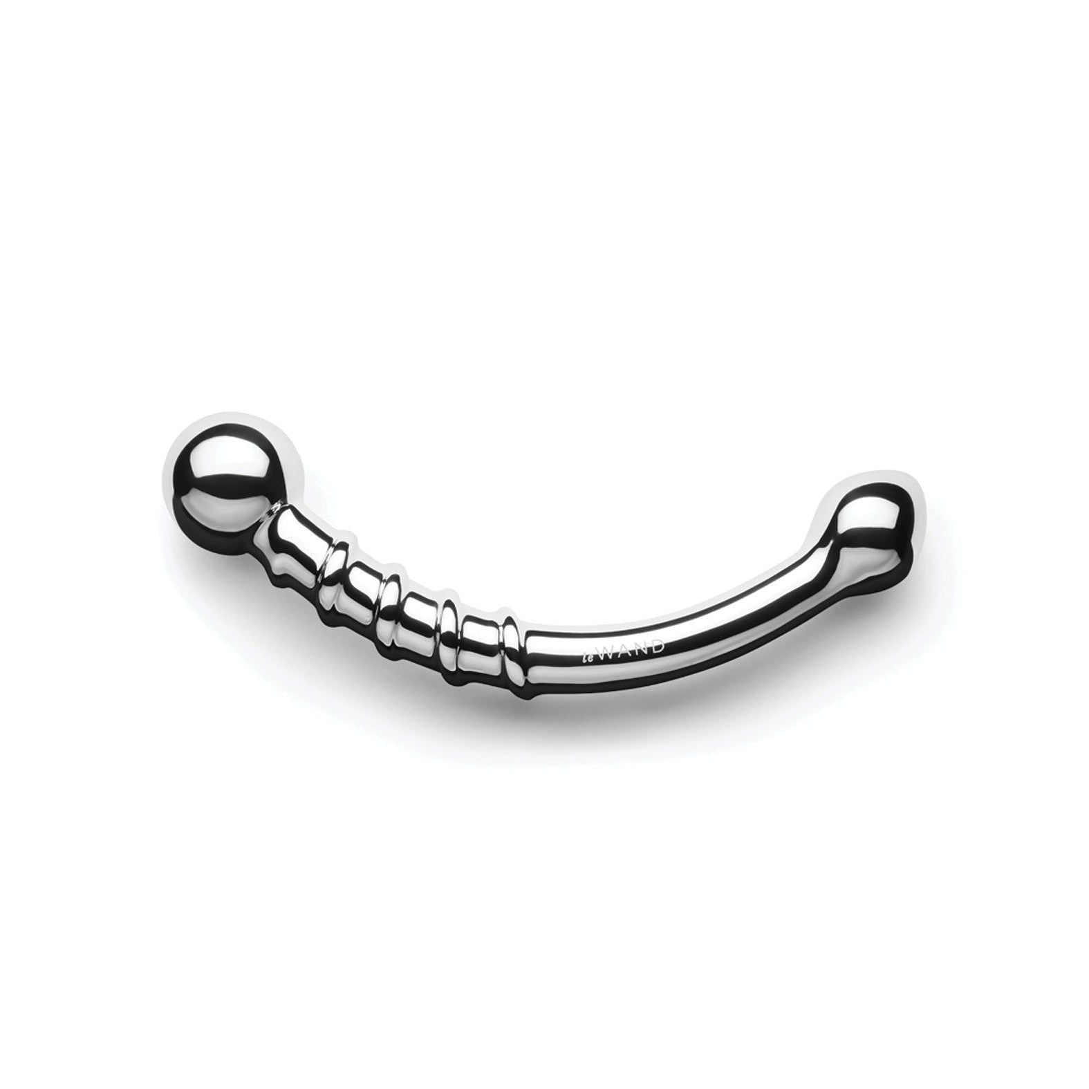 The Le Wand Stainless Steel Bow is a sleek, metallic wand with a curved design and spherical end. It features grooves along its polished surface that reflect light, with the Le Wand brand elegantly engraved—ideal for enthusiasts of temperature play.