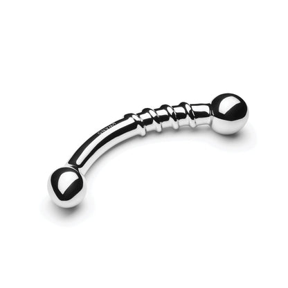 The Le Wand Stainless Steel Bow by Le Wand, featuring a curved design with polished stainless steel and spherical ends, provides dual-ended pleasure with a ridged texture for temperature play exploration.