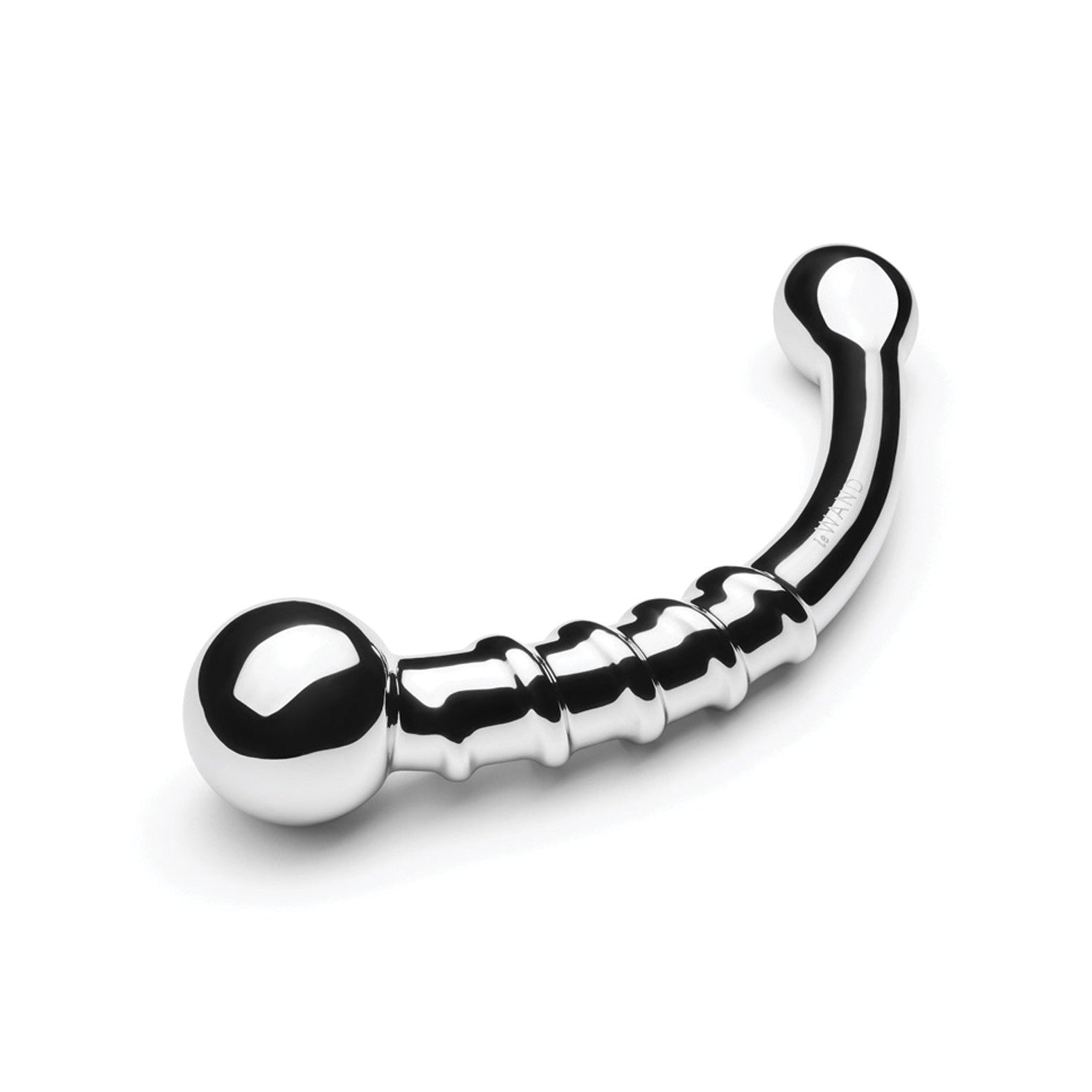 The Le Wand Stainless Steel Bow by Le Wand is a shiny, curved wand with a smooth surface and rounded ends, featuring grooved sections for dual-ended delight and ideal for temperature play.