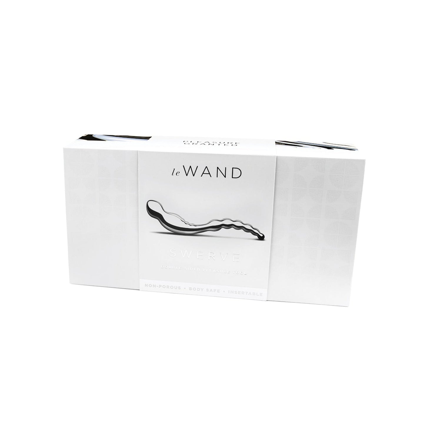 The Le Wand Stainless Steel Swerve box features a grayscale image of the wand, highlighting its stainless steel, non-porous, body-safe design, ideal for prostate stimulation and insertion.
