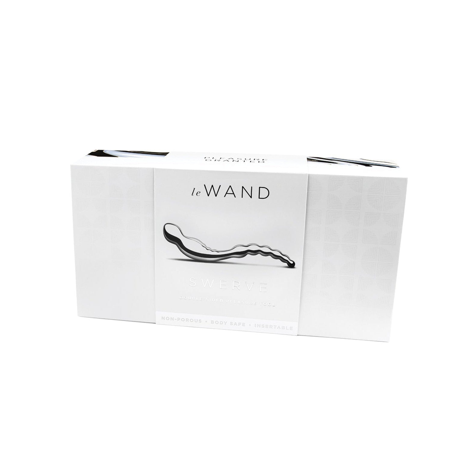 The Le Wand Stainless Steel Swerve box features a grayscale image of the wand, highlighting its stainless steel, non-porous, body-safe design, ideal for prostate stimulation and insertion.