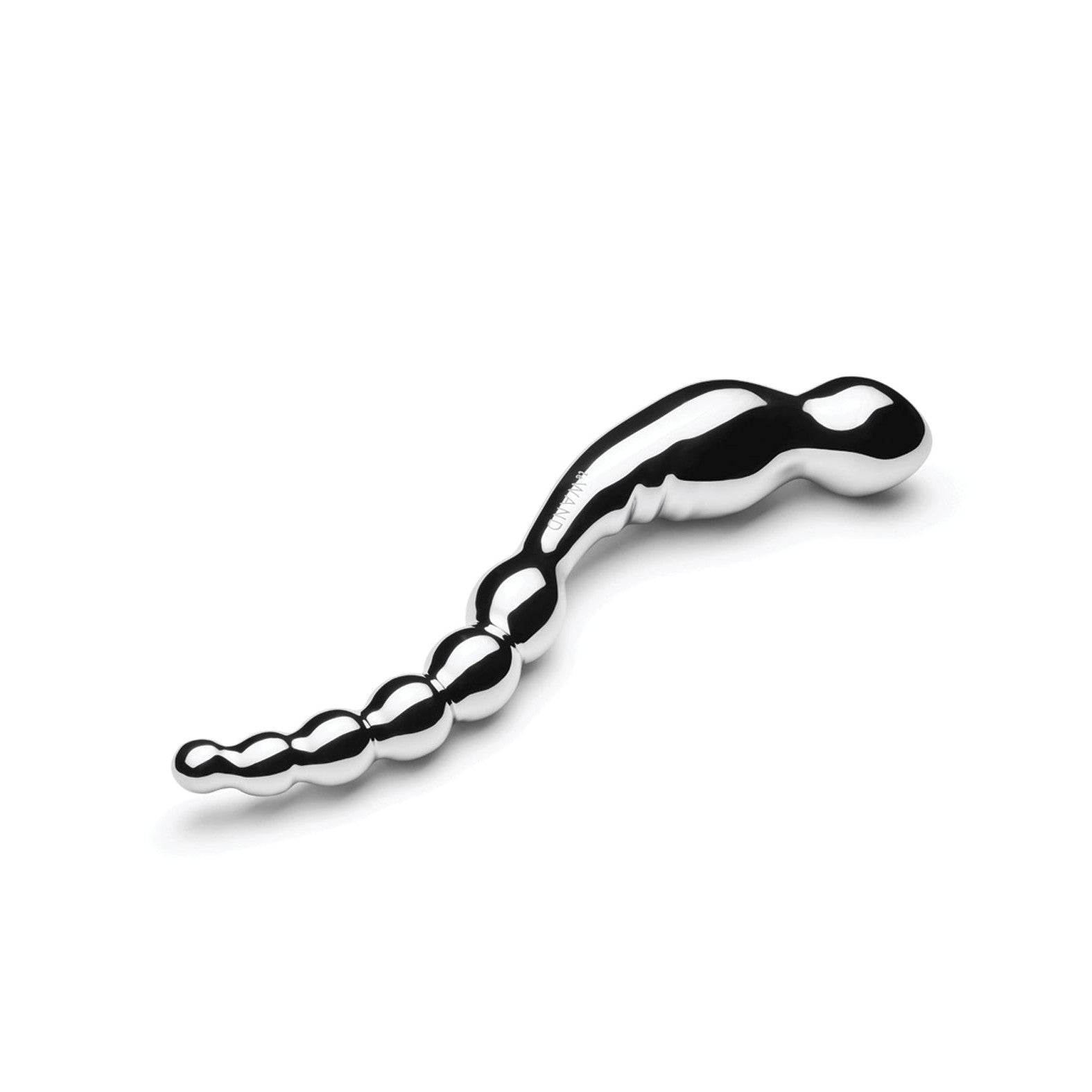 The Le Wand Stainless Steel Swerve, with its shiny metallic finish and smooth, curvy design featuring bulbous segments that increase in size for optimal prostate stimulation, is displayed on a plain white background.