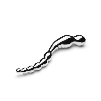 The Le Wand Stainless Steel Swerve, with its shiny metallic finish and smooth, curvy design featuring bulbous segments that increase in size for optimal prostate stimulation, is displayed on a plain white background.