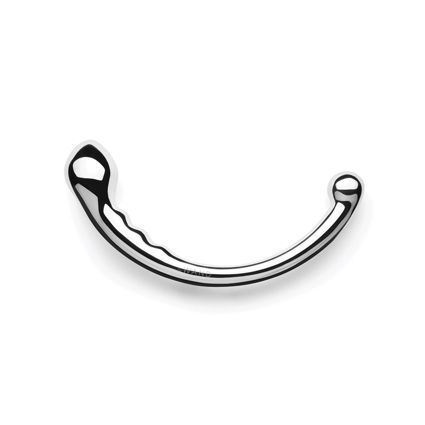 The Le Wand Stainless Steel Swerve is a shiny silver object with a smooth, rounded end on one side and a small spherical tip on the other. Its reflective surface features grooves along its curved body, ideal for prostate play adventures.