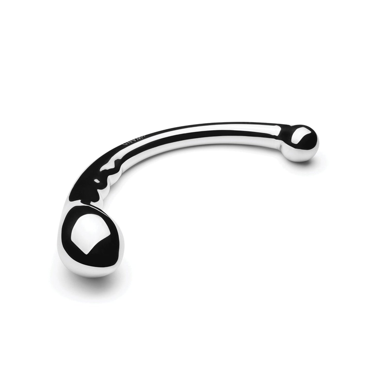 Set against a plain white background, the Le Wand Stainless Steel Swerve is a sleek, curved sensation from Le Wand. With bulbous ends for ergonomic grip and aesthetic appeal, its perfect for exploring prostate play.