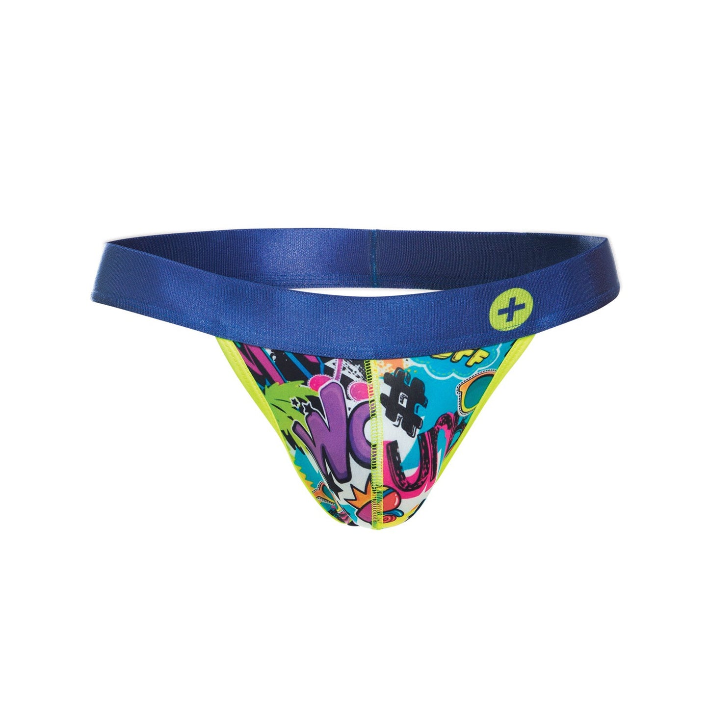 Experience ultimate comfort and style with the Malebasics Male Basics Hipster Jockstrap Wow. It features a wide blue waistband and a playful neon comic-style design crafted from a luxurious fabric blend, inspired by a low-cut elastic jockstrap waistline. Perfect for the colorful mens thong enthusiast.