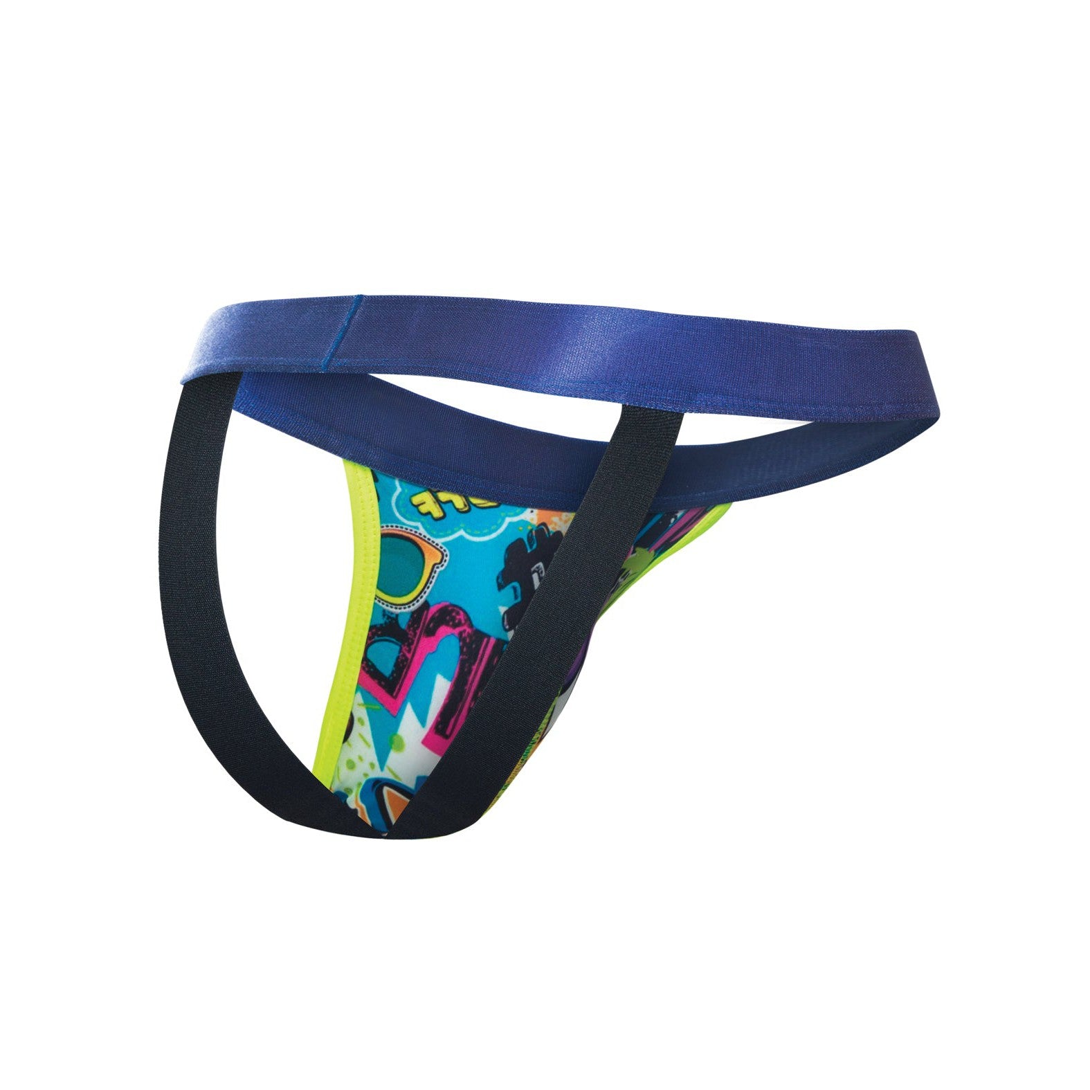 The Malebasics Hipster Jockstrap Wow features a colorful abstract print in blue, yellow, and green with a low-cut elastic waist, black leg straps, and a blue waistband crafted from a luxurious fabric blend for ultimate comfort and style.