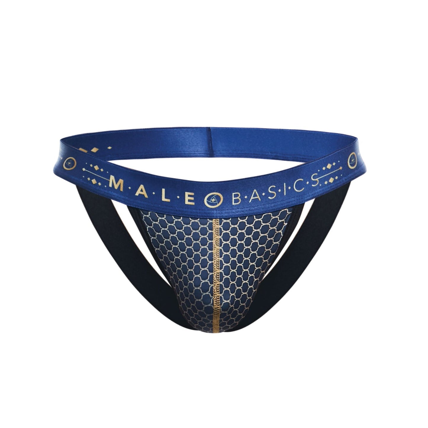 The Malebasics Hipster Jockstrap Andalusia showcases a blue and black honeycomb design with a low-cut elastic waist. Its crafted from a luxurious fabric blend and features MALE BASICS in gold on the waistband.