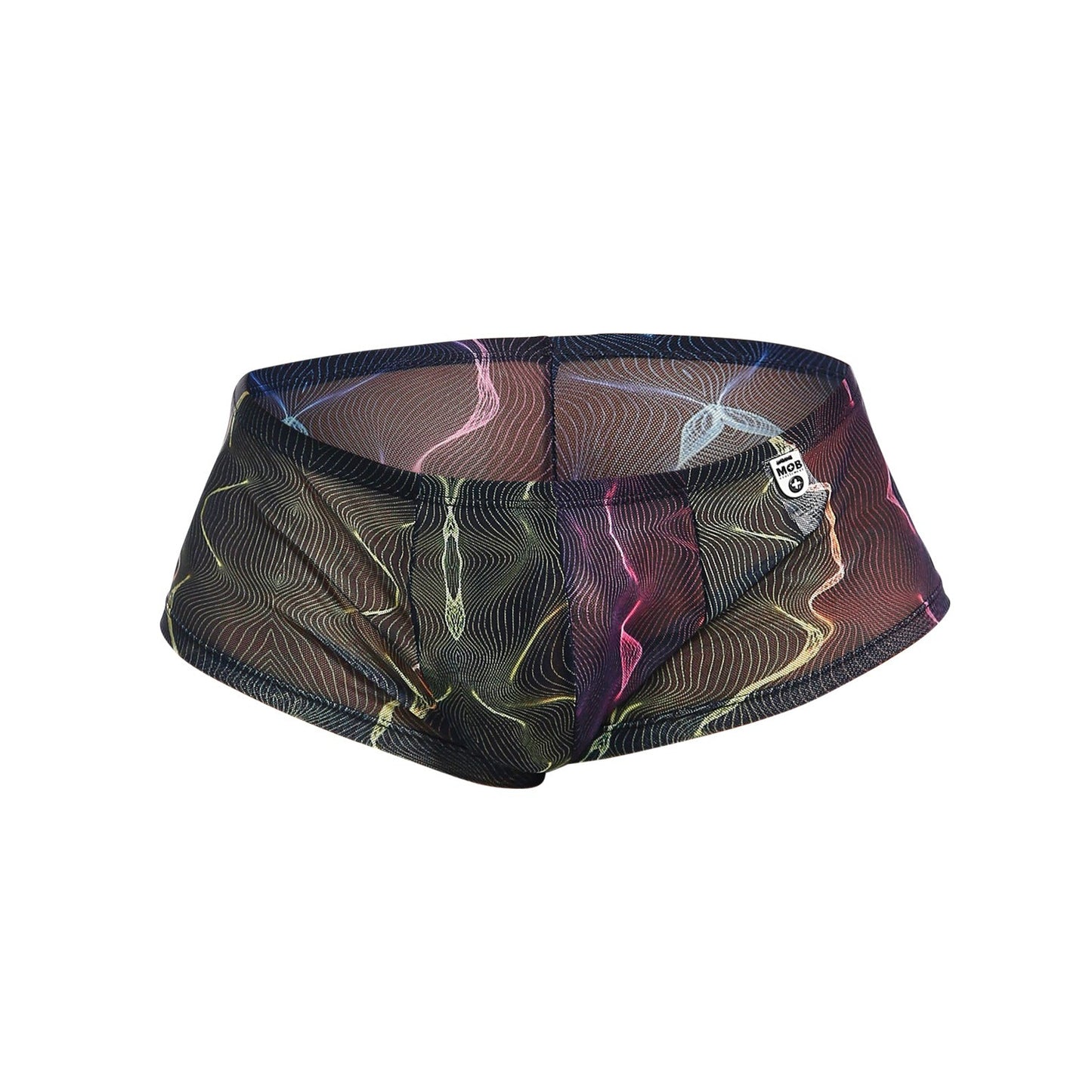 The Male Basics MOB Hip Hugger Boyshort Energy by Malebasics features a colorful, wave-like design on sheer mesh. Neon streaks pop against the black backdrop, complemented by a small label on the waistband.
