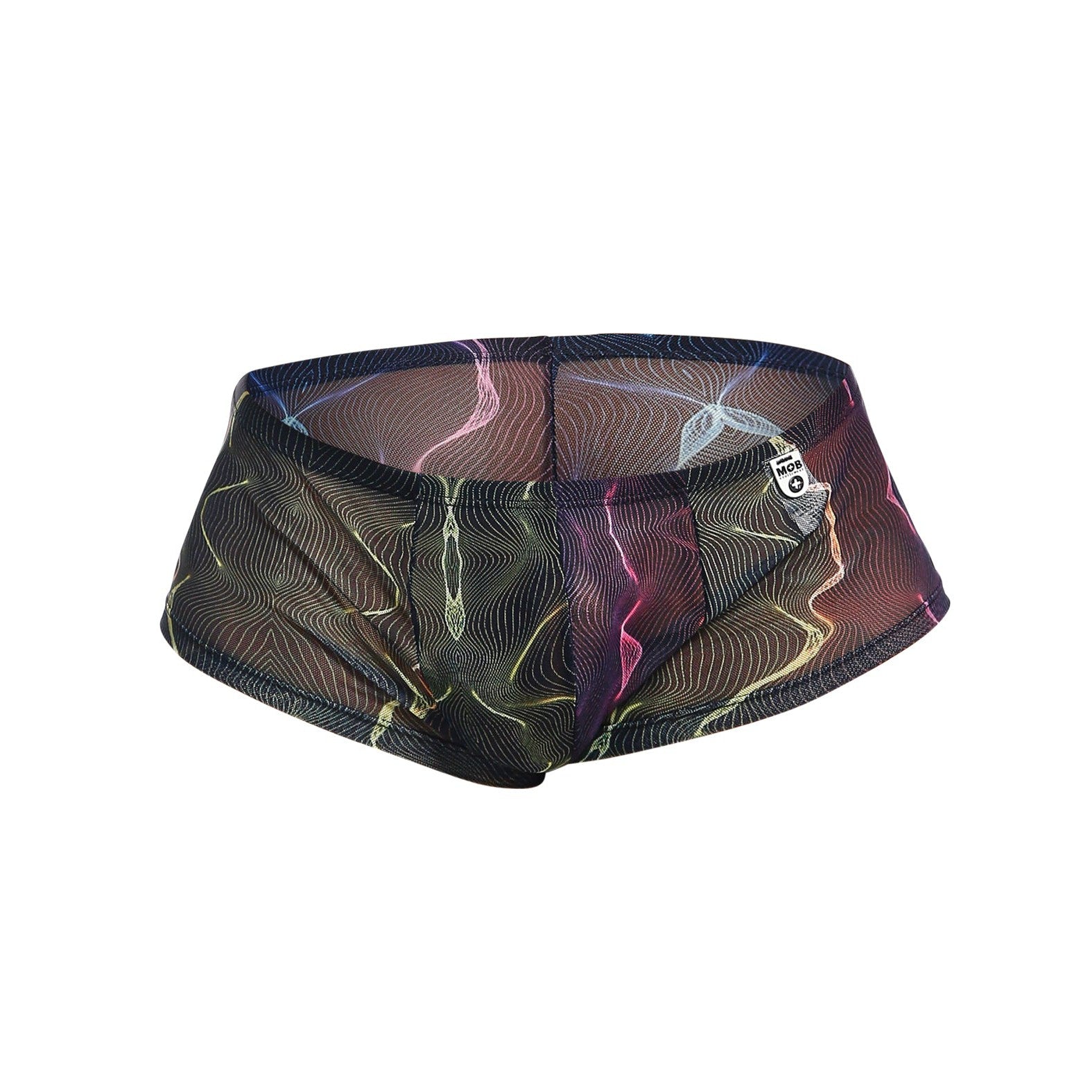 The Male Basics MOB Hip Hugger Boyshort Energy by Malebasics features a colorful, wave-like design on sheer mesh. Neon streaks pop against the black backdrop, complemented by a small label on the waistband.
