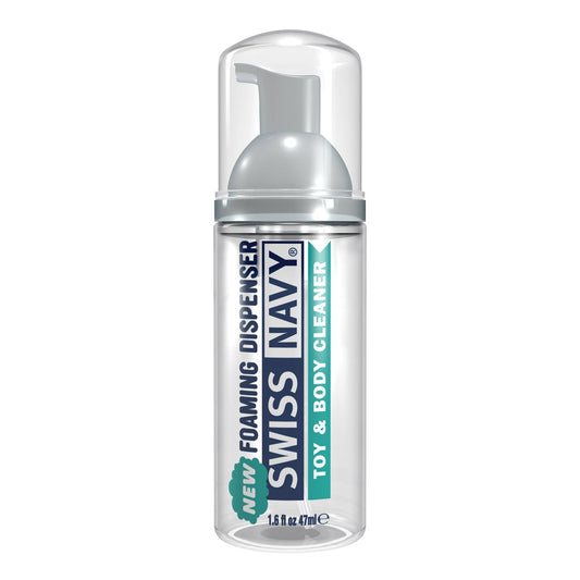 Clear bottle with foaming dispenser holds 1.6 fl oz (47 ml) of Swiss Navy Toy & Body Foaming Cleaner, renowned for its ultimate cleansing power. Label showcases blue and teal text highlighting its dual-purpose use.