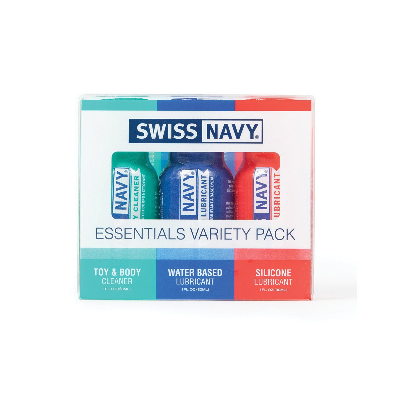 A Swiss Navy Essentials Variety Pack of 3 image highlights essential items: Toy & Body Cleaner, Water-Based Lubricant, and Silicone Lubricant. The stylish packaging is white with bold blue, green, and red accents.