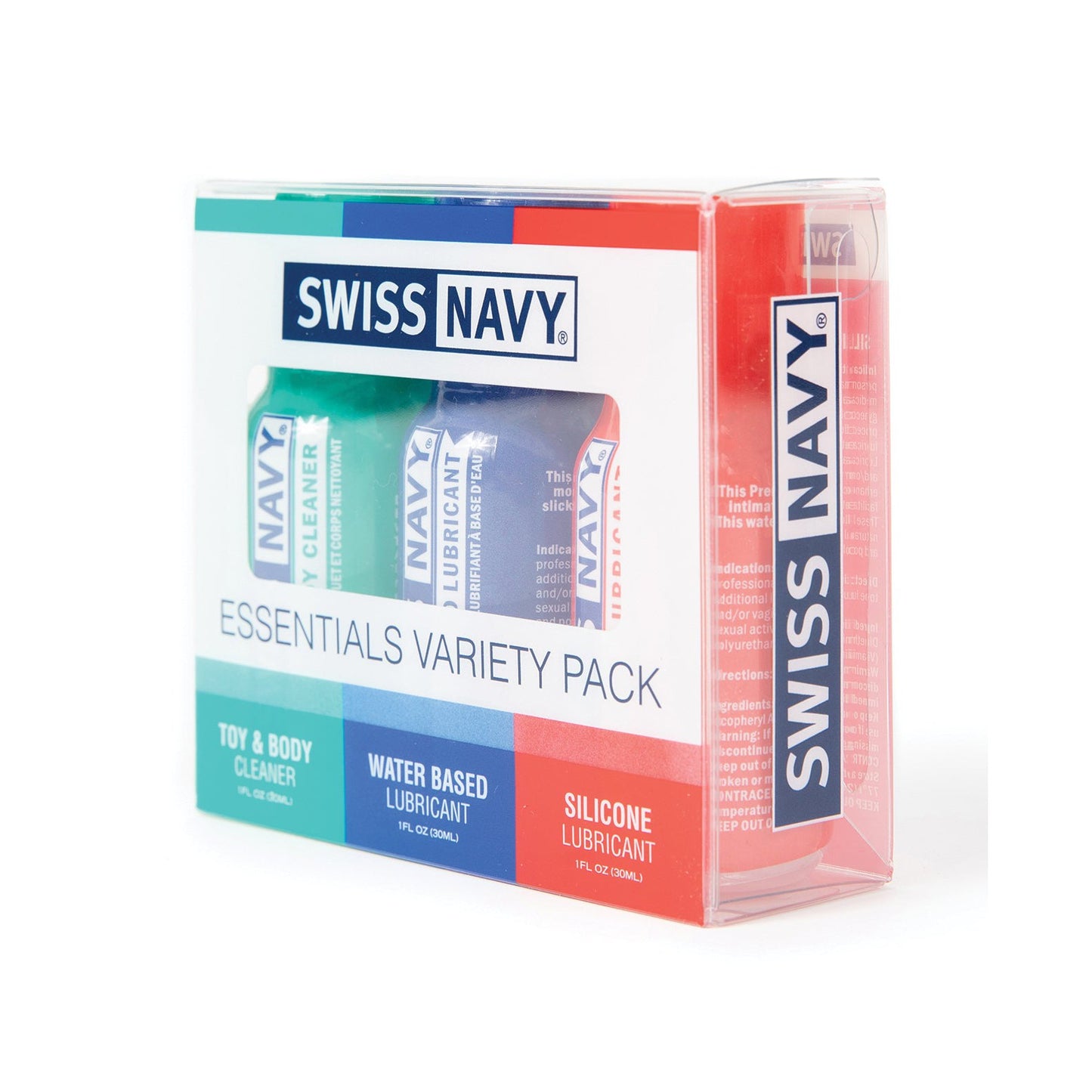 The Swiss Navy Essentials Variety Pack of 3 from Swiss Navy includes silicone and water-based lubricants plus a toy & body cleaner, all in a transparent case with a sleek white cardboard label for seamless pleasure and cleanliness.