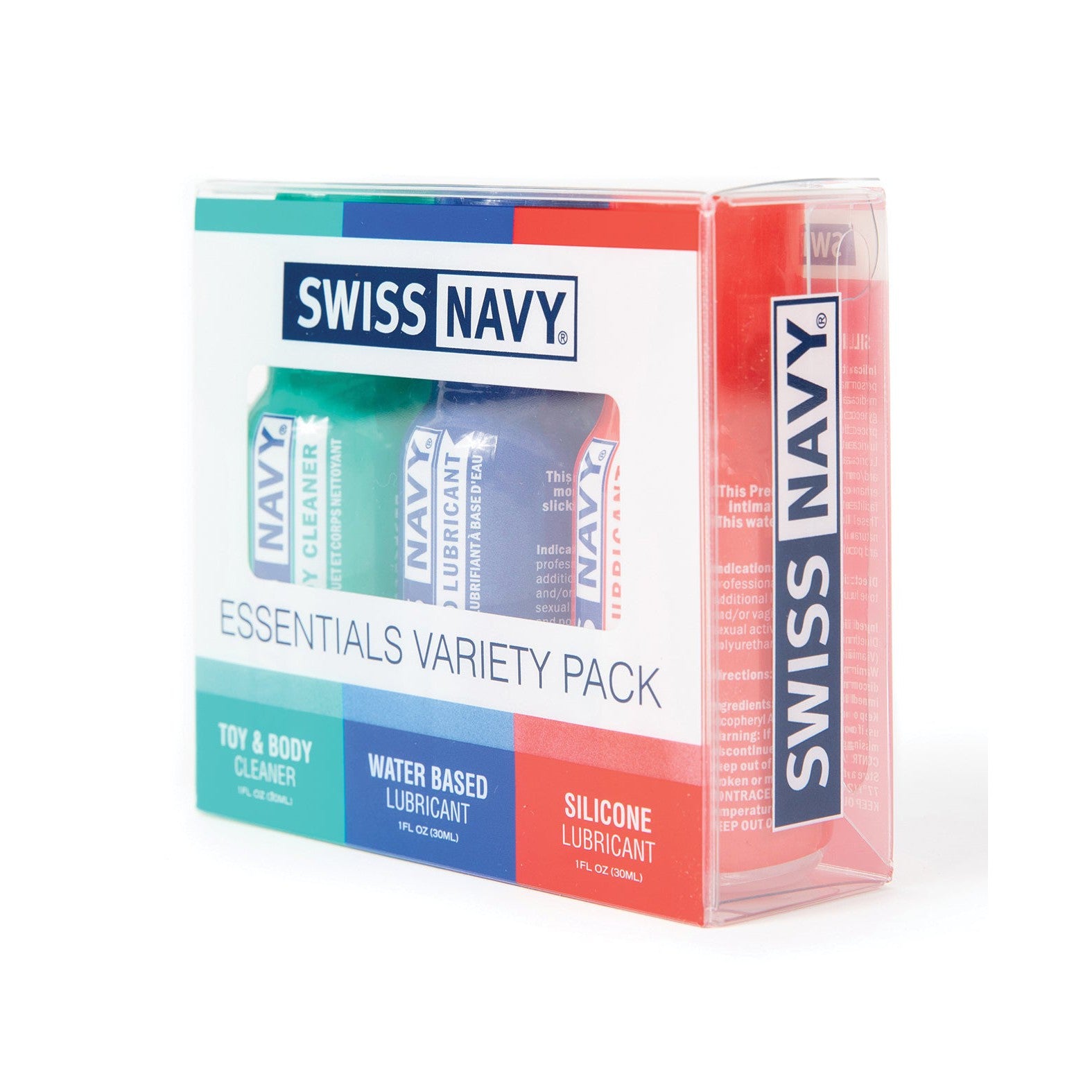 The Swiss Navy Essentials Variety Pack of 3 from Swiss Navy includes silicone and water-based lubricants plus a toy & body cleaner, all in a transparent case with a sleek white cardboard label for seamless pleasure and cleanliness.