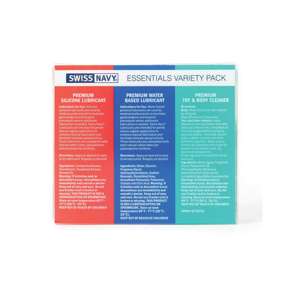 The image shows a Swiss Navy Essentials Variety Pack of 3 box with three sections detailing the premium water-based lubricant, silicone lubricant, and toy & body cleaner. The packaging includes comprehensive usage and ingredient information.