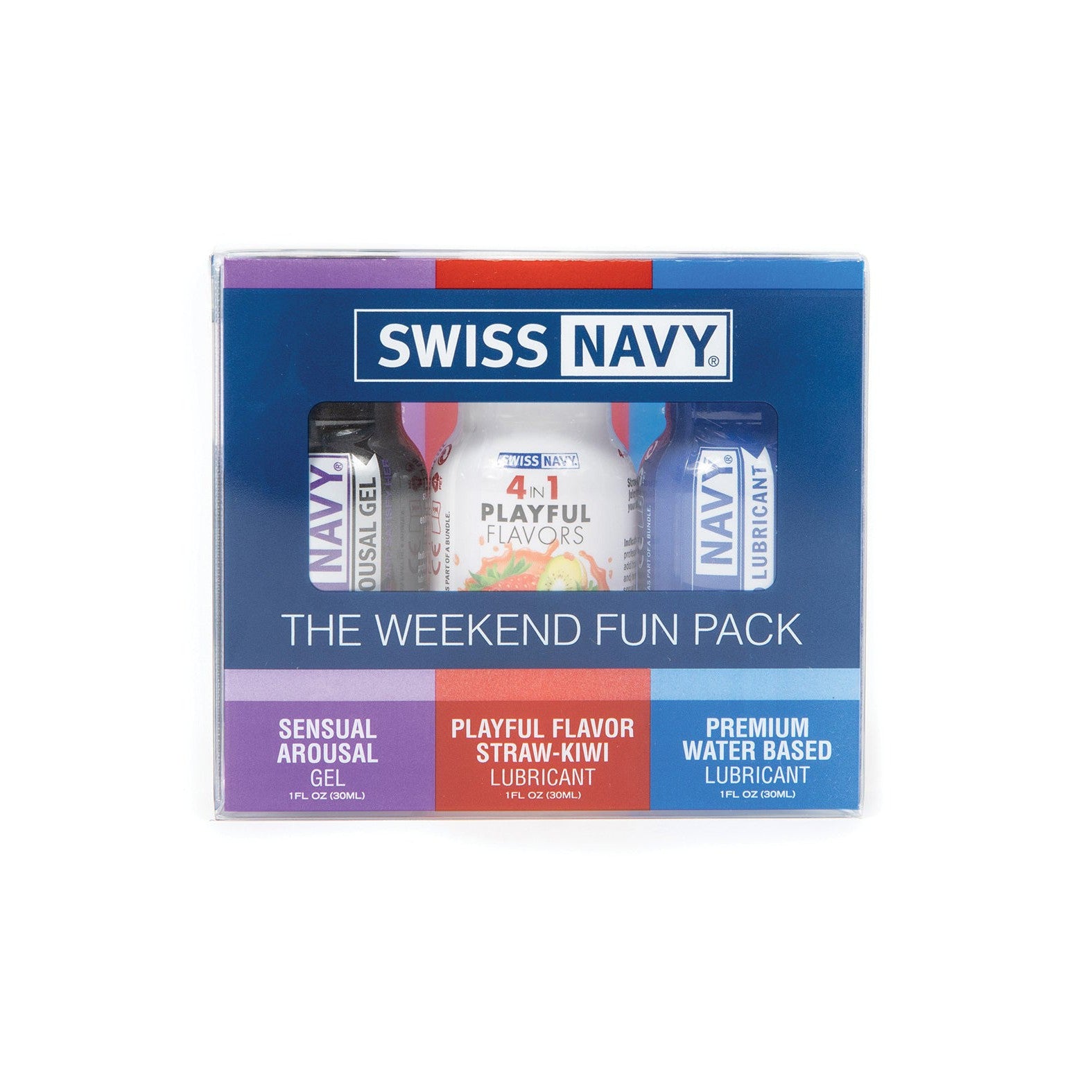 Explore the Swiss Navy Weekend Fun Pack, featuring three 1 oz bottles: sensual arousal gel, straw-kiwi flavored lubricant, and premium water-based lubricant for an unforgettable experience.