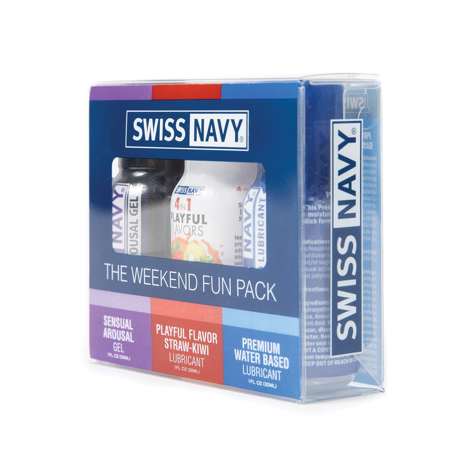 Introducing the Swiss Navy Weekend Fun Pack of 3. Discover pleasure with Sensual Arousal Gel, Straw-Kiwi Flavored Lubricant, and Premium Water-Based Lubricant, all in a clear plastic box for endless adventures.