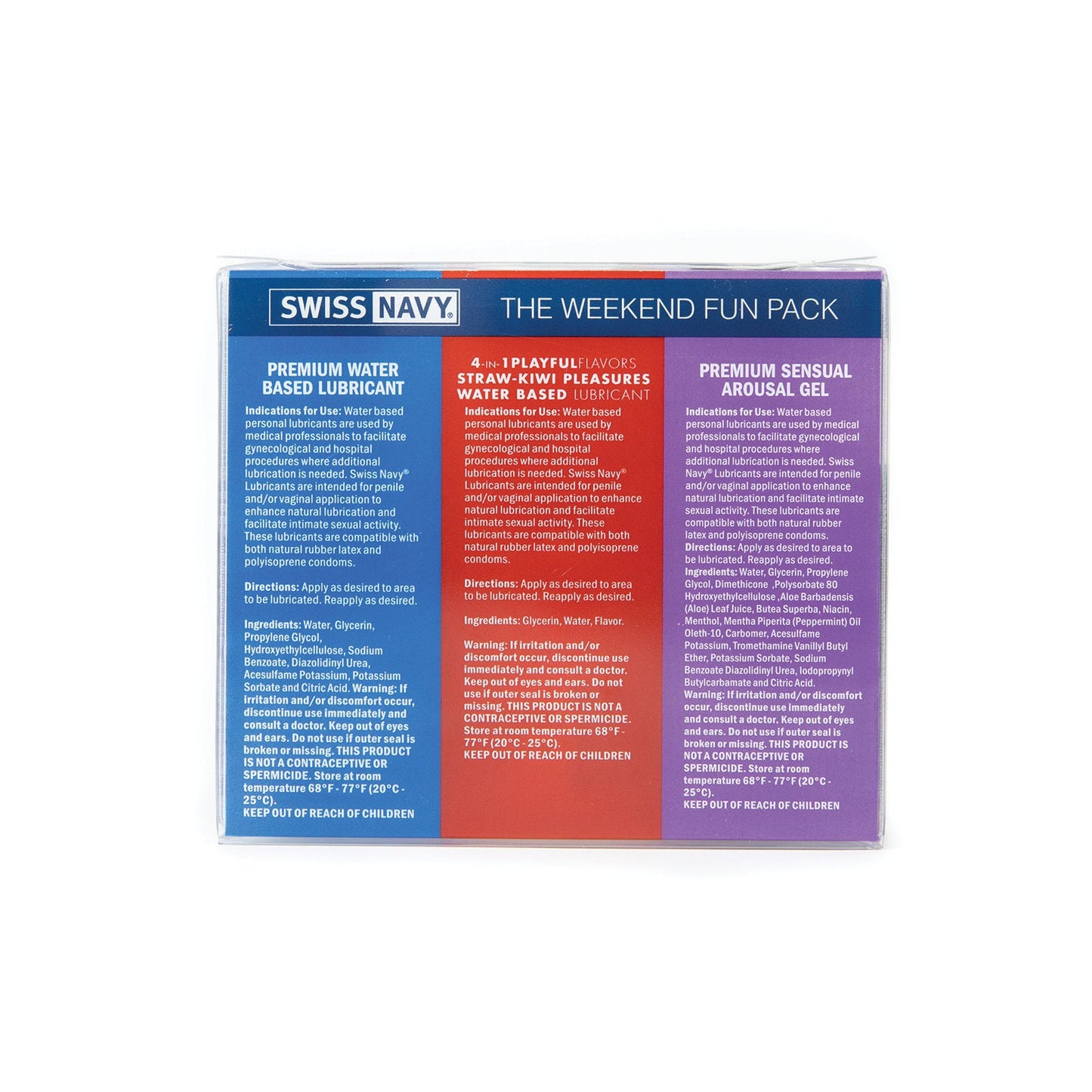 Image of the Swiss Navy Weekend Fun Pack of 3 - 1 oz, including premium water-based lubricant, strawberry kiwi flavored lubricant, and Sensual Arousal Gel. The packaging outlines product details and instructions for use.
