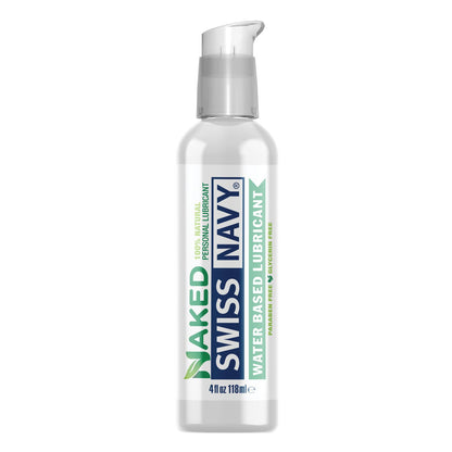 A 4 fl oz bottle of Swiss Navy Naked All Natural Lubricant features a convenient pump dispenser and a white label with green and blue text, highlighting it as a 100% natural personal lubricant.