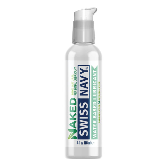 A 4 fl oz bottle of Swiss Navy Naked All Natural Lubricant features a convenient pump dispenser and a white label with green and blue text, highlighting it as a 100% natural personal lubricant.