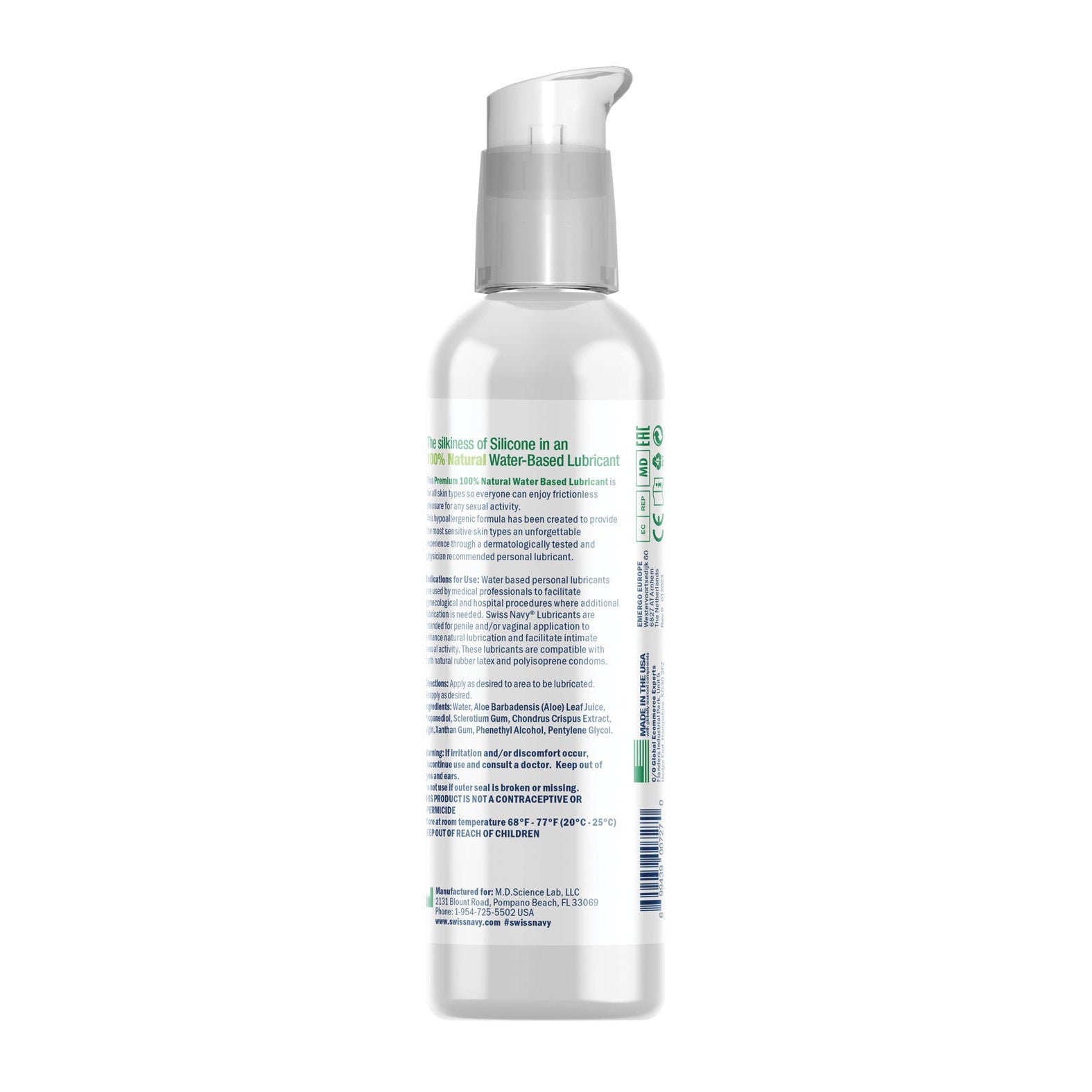 A clear plastic bottle with a pump dispenser contains Swiss Navy Naked All Natural Lubricant. The label details its 100% natural, hypoallergenic formula, along with usage instructions and ingredient information.